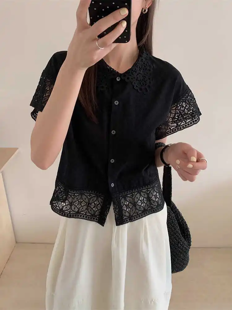 

Clothland Women Elegant Hollow Out Blouse Short Sleeve Single Breasted Shirt Female Chic Summer Tops Blusa DA582