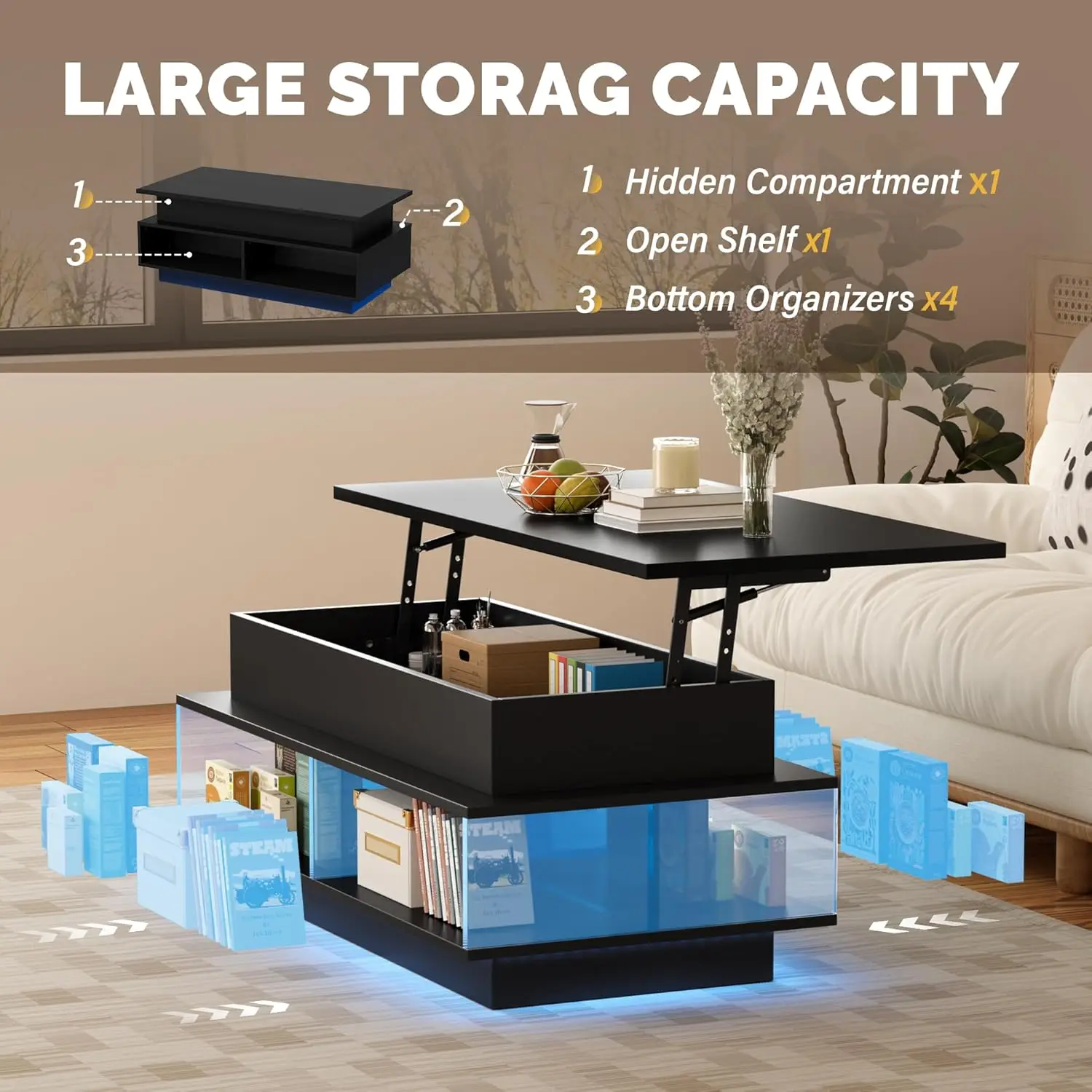 طاولة قهوة قابلة للرفع مقاس 40 بوصة مع مساحة تخزين مخفية وأضواء LED متعددة الألوان، طاولة خشبية مربعة حديثة مع 4 أرفف مفتوحة للمعيشة
