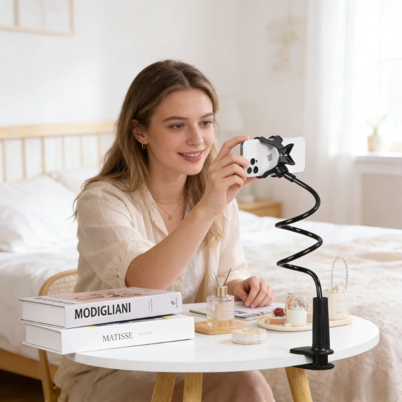 360° Rotating Clip On Phone Holder Stand, Portable Flexible Gooseneck Lazy Bracket, Bed & Desktop Mount for iPhone, Samsung