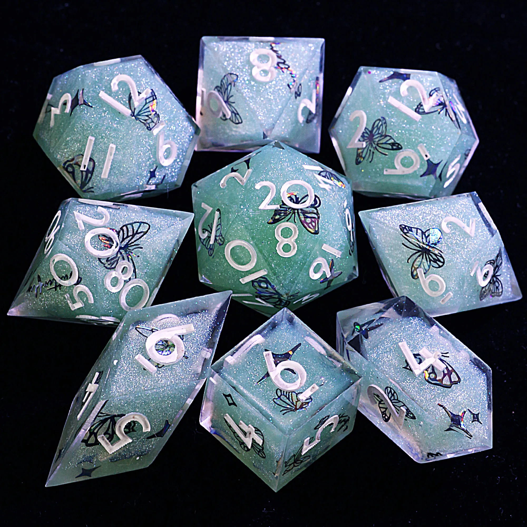 

9 Polyhedral Resin Sets Dice D and D Teal Vortex Lepidoptera