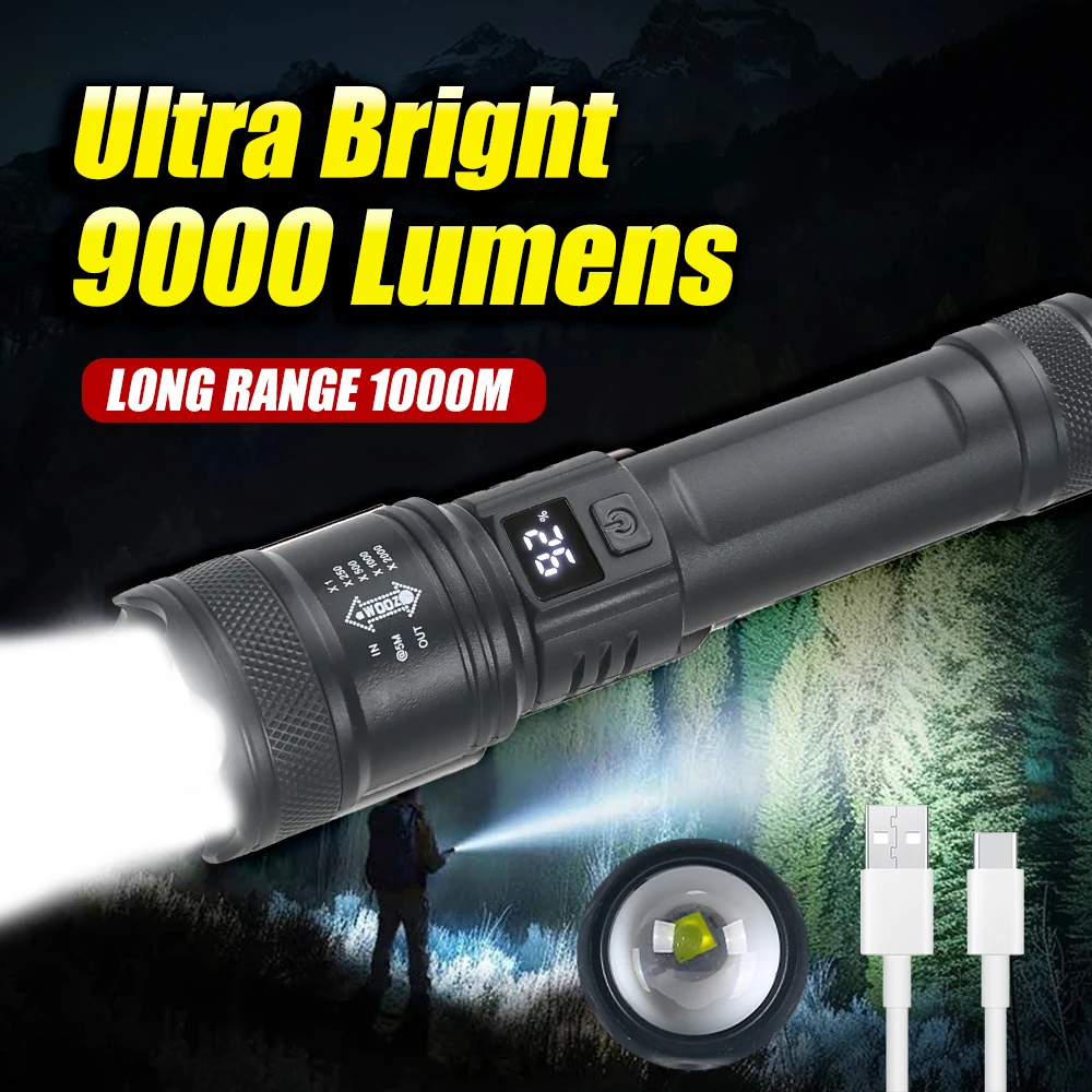 High Strong Power Led Flashlights Tactical Zoom Rechargeable Torch Built-in Battery Spotlights Outdoor Camping Emergency Lantern