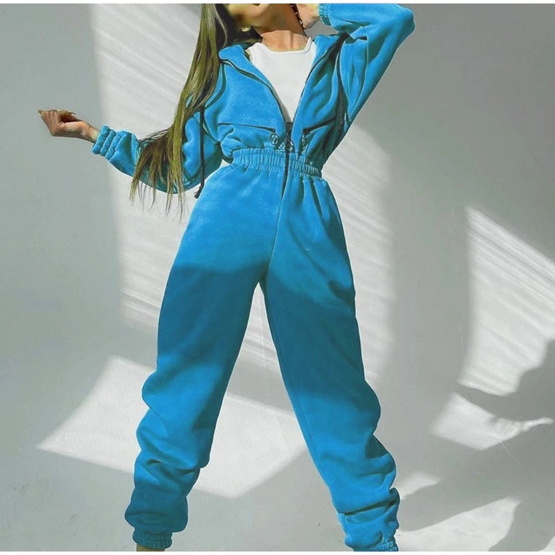 Herbstliche Einteiler-Sets: Sweatshirt-Kapuzen-Jumpsuit für Damen, lässige Sportsets, Winter-Reißverschluss-Set mit gerader Hose. – Detail 8