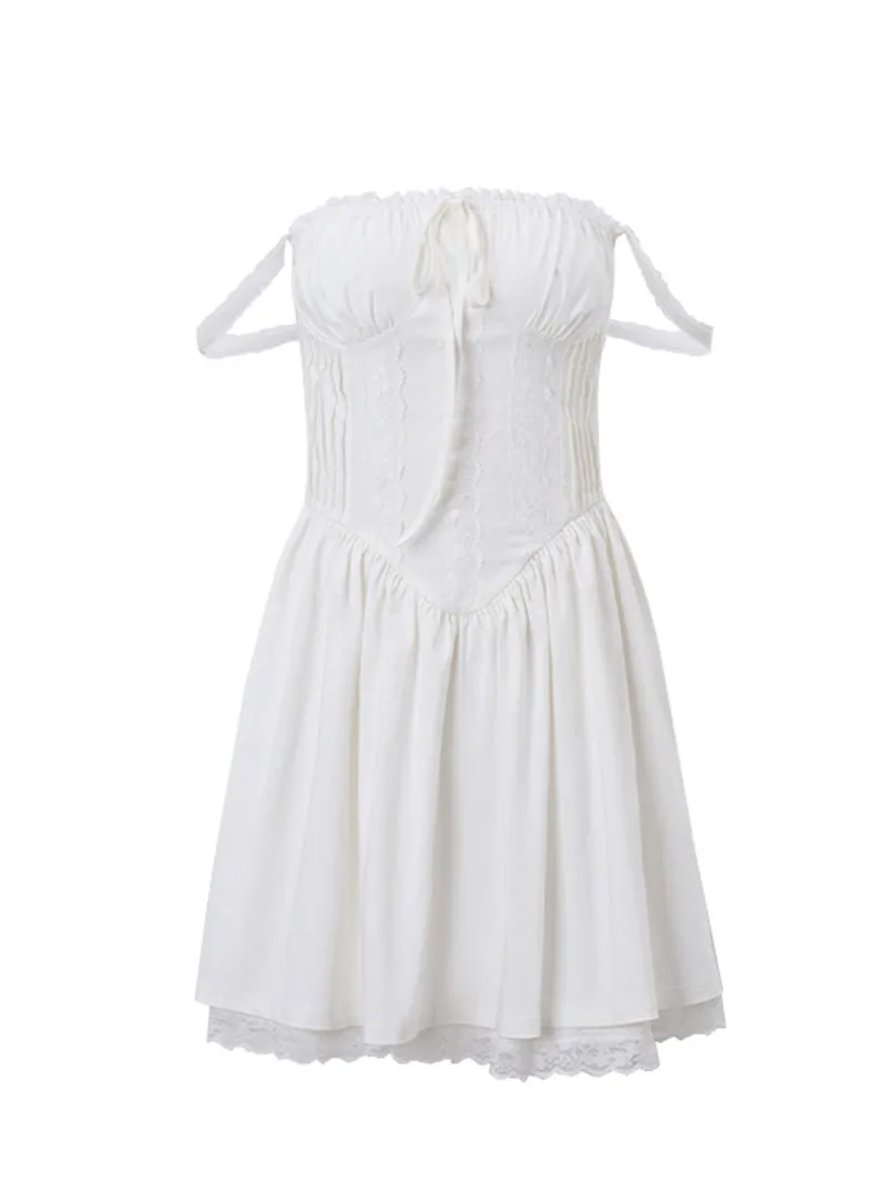 Elegante Frauen Ästhetische Plissee Mini Kleid Y2K Weiß Ärmelloses Square-neck Lace-up Off Schulter Frühling Party Kleider 7CYS