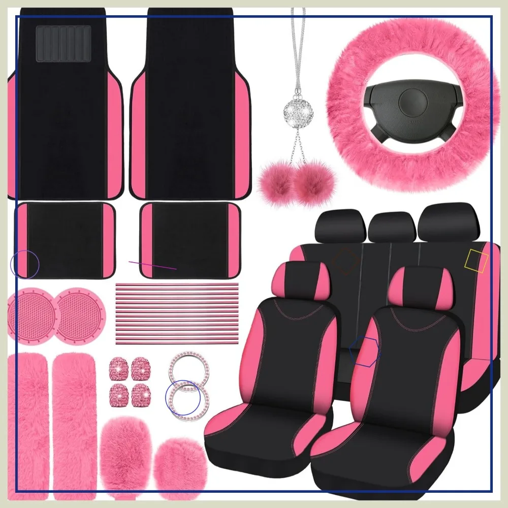 

Универсальный розово-черный пушистый комплект чехлов для автомобильных сидений с чехлом на руль и ковриками для женщин