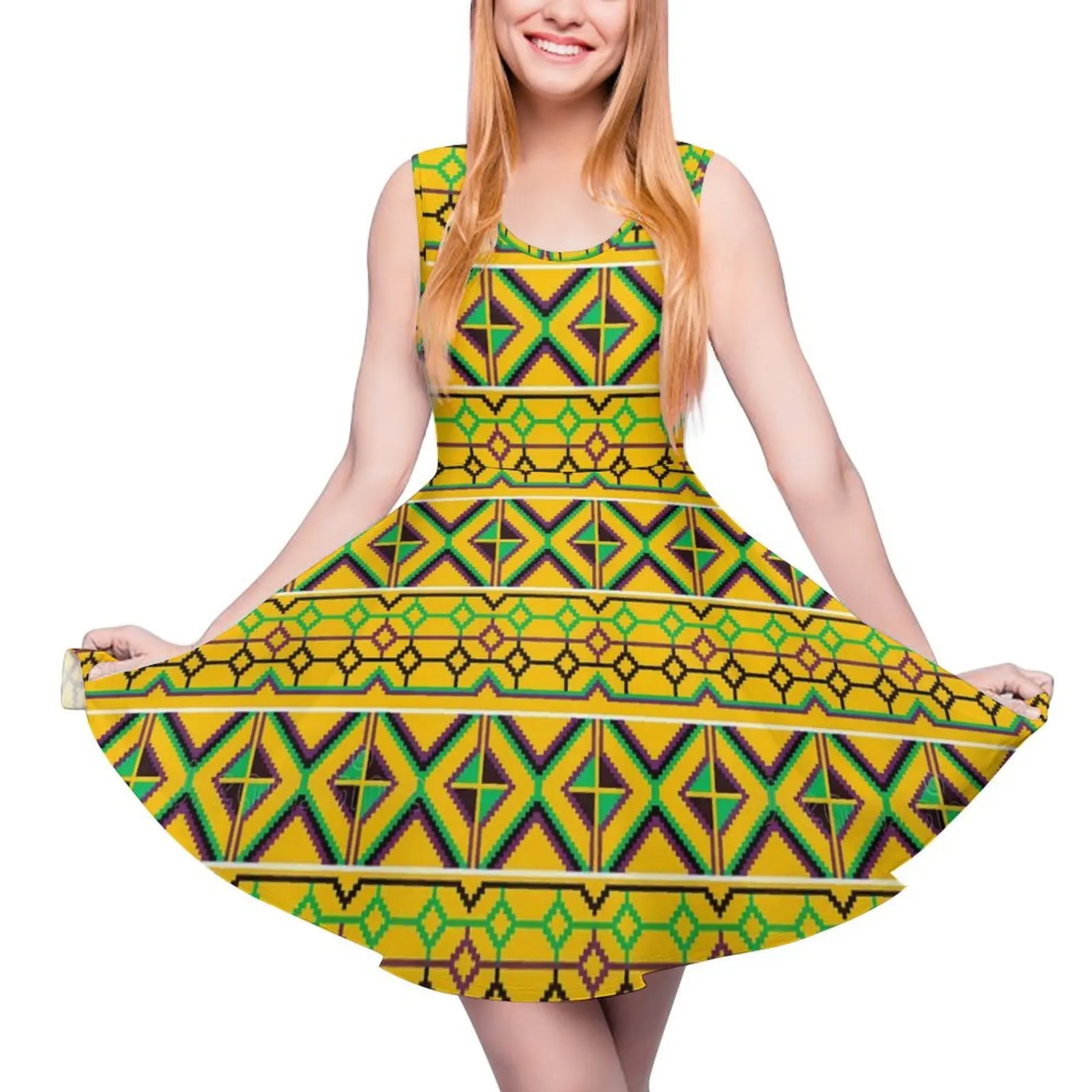 African Ethnic Print Dress Kente Ghana Kawaii Dresses Sleeveless Street Style Oversize Skate Dress Ladies Graphic Vestidos