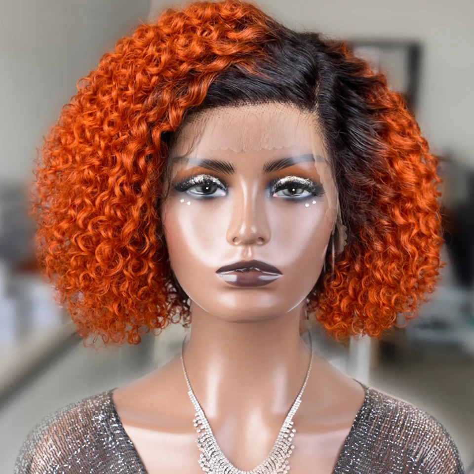 Christmas Gift Ginger Orange Curly Bob Lace Front Wig Human Hair Wig With Baby Hair Short Pixie Curly Bob Wig Lace Wigs