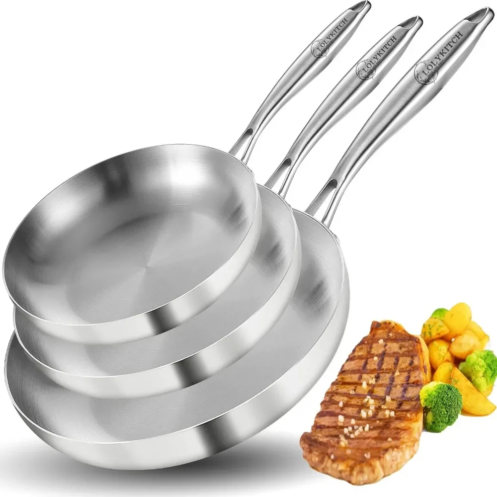 

8-10-12 Inch Tri-Ply Stainless Steel Frying Pan Set of 3,Chef's Pans,Skillets,Induction Cookware,Pots and Pans Set