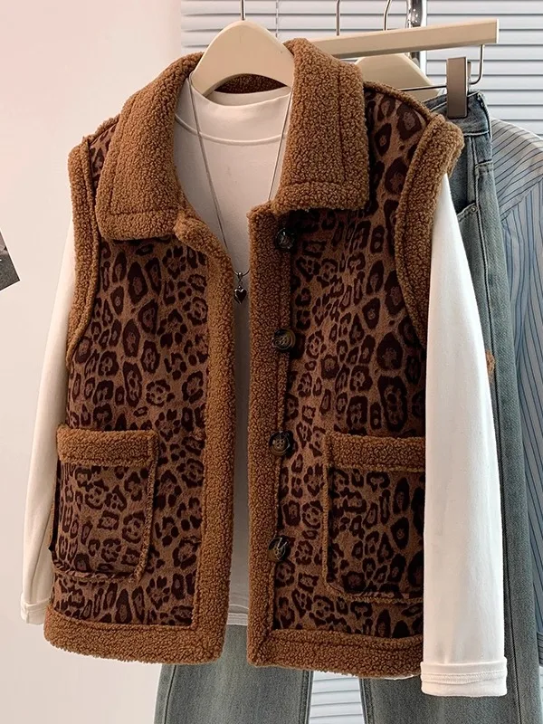 Advanced Mellaard Women's Jacket Vest Coat Autumn Winter Lamb Fur Warm Collarless Sleeveless Top Leopard Print Outerwear