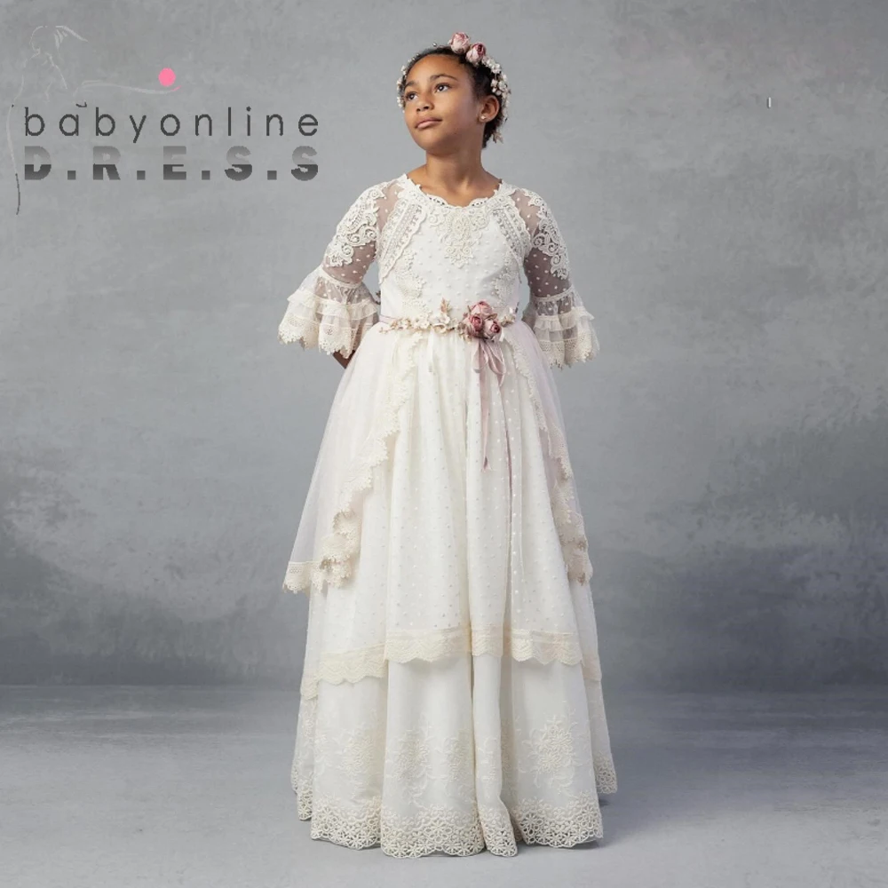 BABYONLINE Vestido de comunión de encaje de color marfil personalizado de inspiración vintage para niñas Vestido largo elegante con manga acampanada Flora hecha a mano