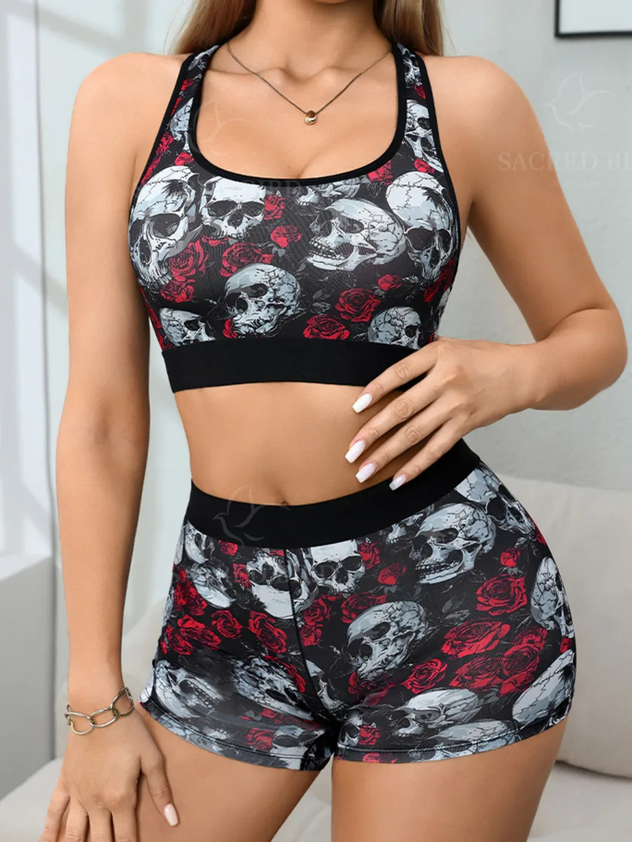 Rose Skull Print Plus Size Ice Silk Shorts Sets Thin Quick-Dry Underwear Set Women's Vest Casaul Style Shorts Sets Elegant 6BJS