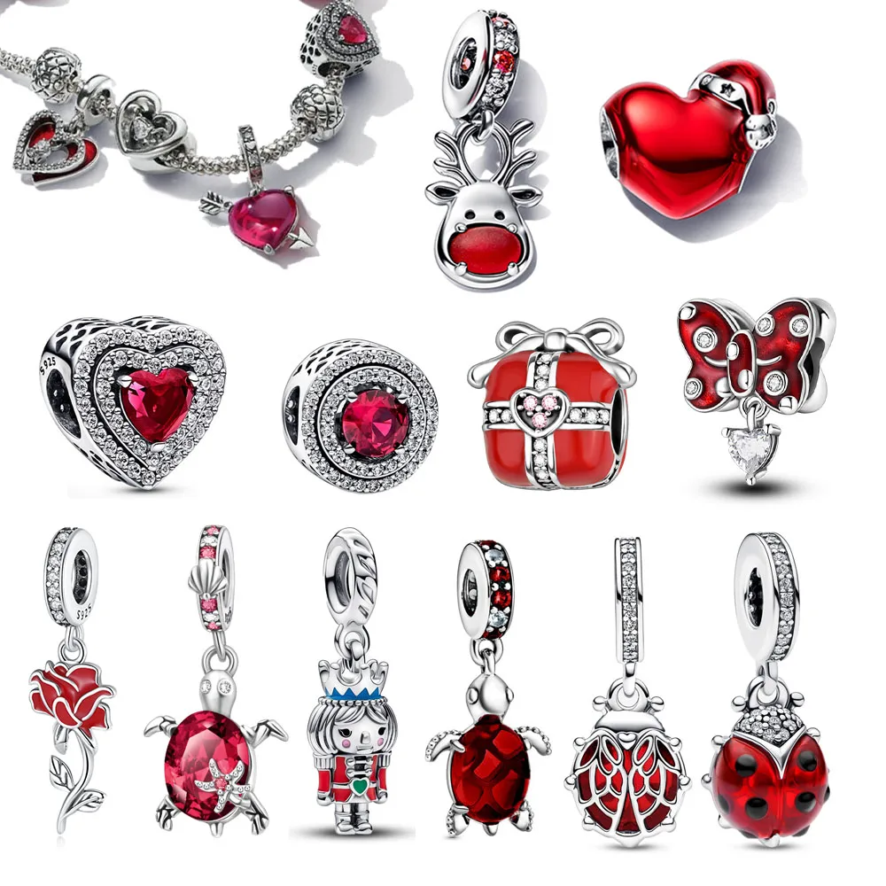 Red Series 925 Sterling Silver Wireless Love Ladybug Bow Gift Box Glass Beads Flowers Charms Fit Bracelet Necklace Dating Match