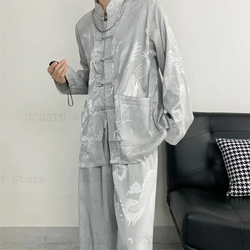 الرجال النمط الصيني أعلى الساتان تانغ الملابس التقليد تشيباو أعلى خمر الكونغ فو تاي تشي زي الجاكار التنين قميص معطف كبير الحجم