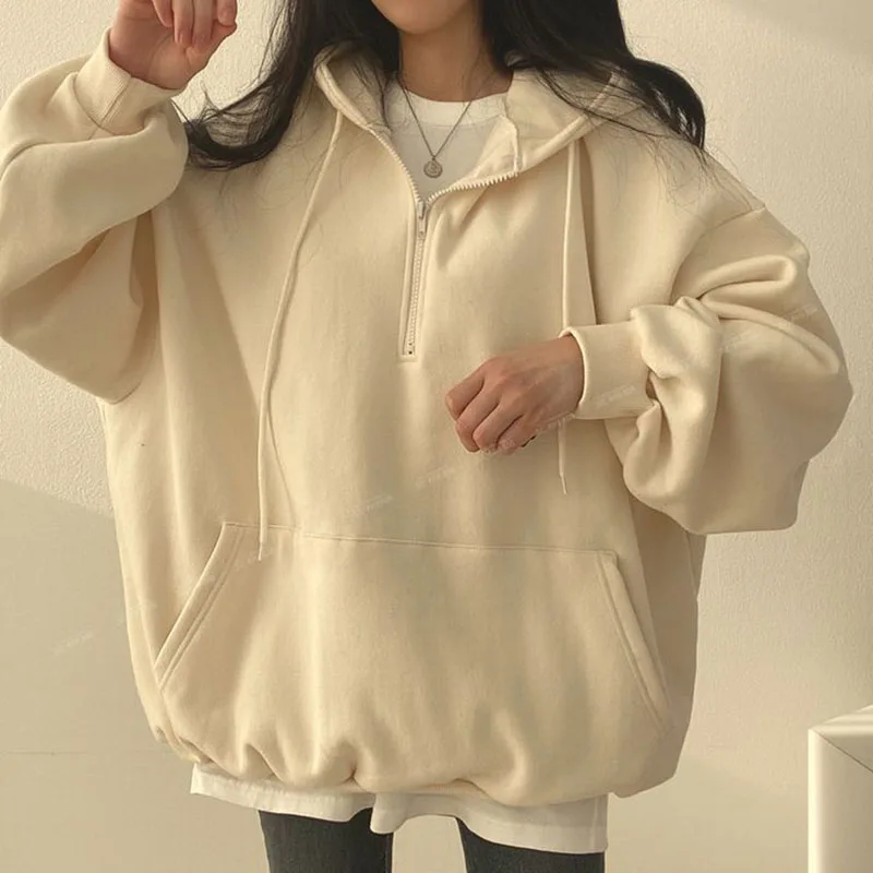 Sudaderas con capucha Kawaii para mujer, suéter holgado de manga larga con bolsillo grande y cordón, ropa de calle de Color liso, primavera y otoño