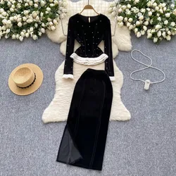 Elegant O-neck Long Sleeve Chic Rhinestone Ruffle Slim Top High Waist Skirt French Streetwear High Street Winter Velvet Clothing