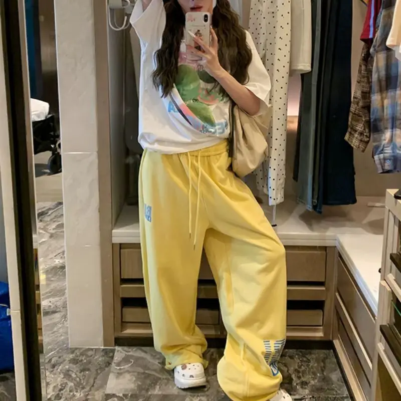 QWEEK Baggy America Style Yellow Sweatpants Woman Hip Hop Casual Sports Wide Leg Pants Korean Y2k Jogging Streetwear Trousers