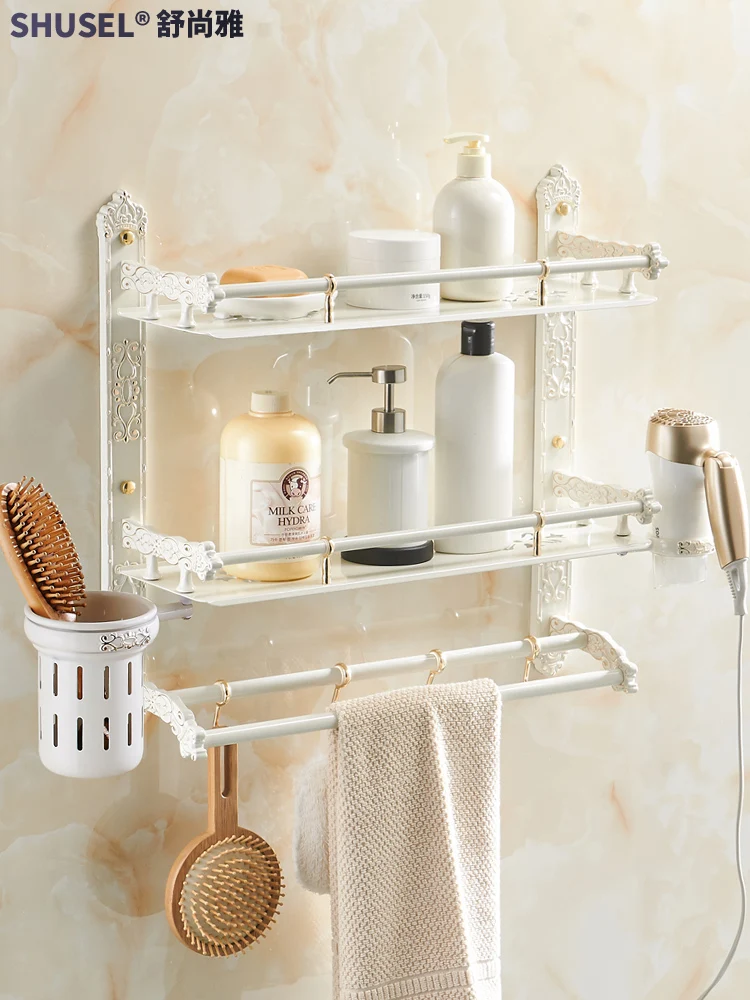 Bathroom Storage Rack Ivory White Gold-Added Punch-Free Bathroom Space Aluminum Wall-Mounted European Pendant Folding Towel Rack