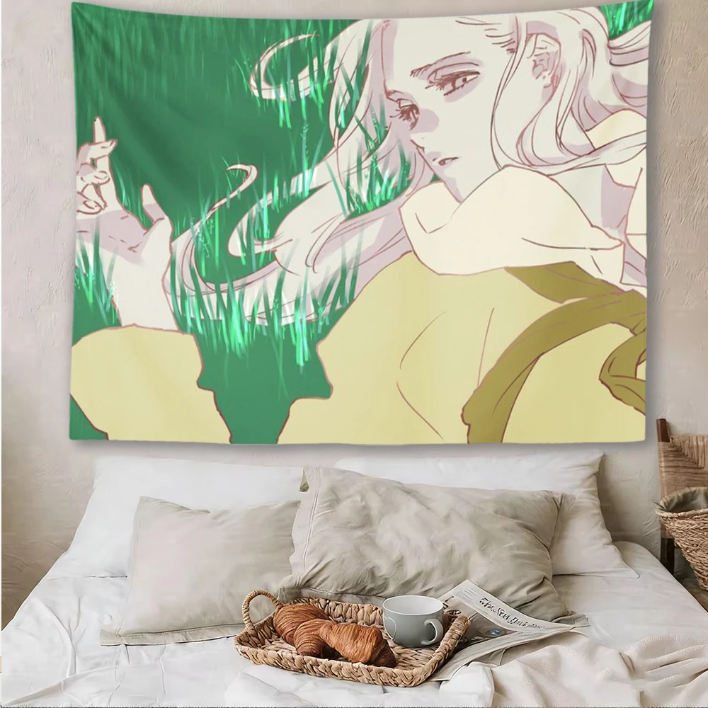 Anime Girl Art Tapestry Green Grass Scene Wall Hanging Cloth Dorm Bedroom Aesthetic Home Decor Fan Gift