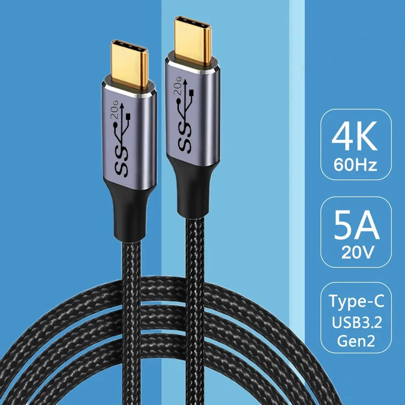 Type C To C Usb C Cable Fast Charging PD 100W 5A 20Gbps High Speed Transmission Data Cable USB3.2 Gen2 4K 60Hz Audio Cable Male