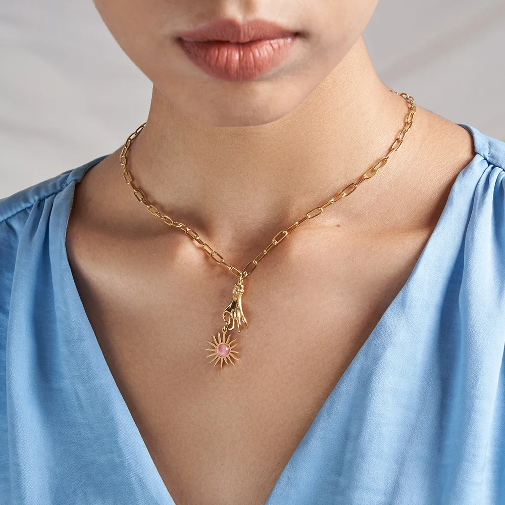 

ENFASHION Hand Sun Necklace For Women Pendant Necklaces Fashion Jewelry Gold Color Stainless Steel Collar Birthday Party P213239