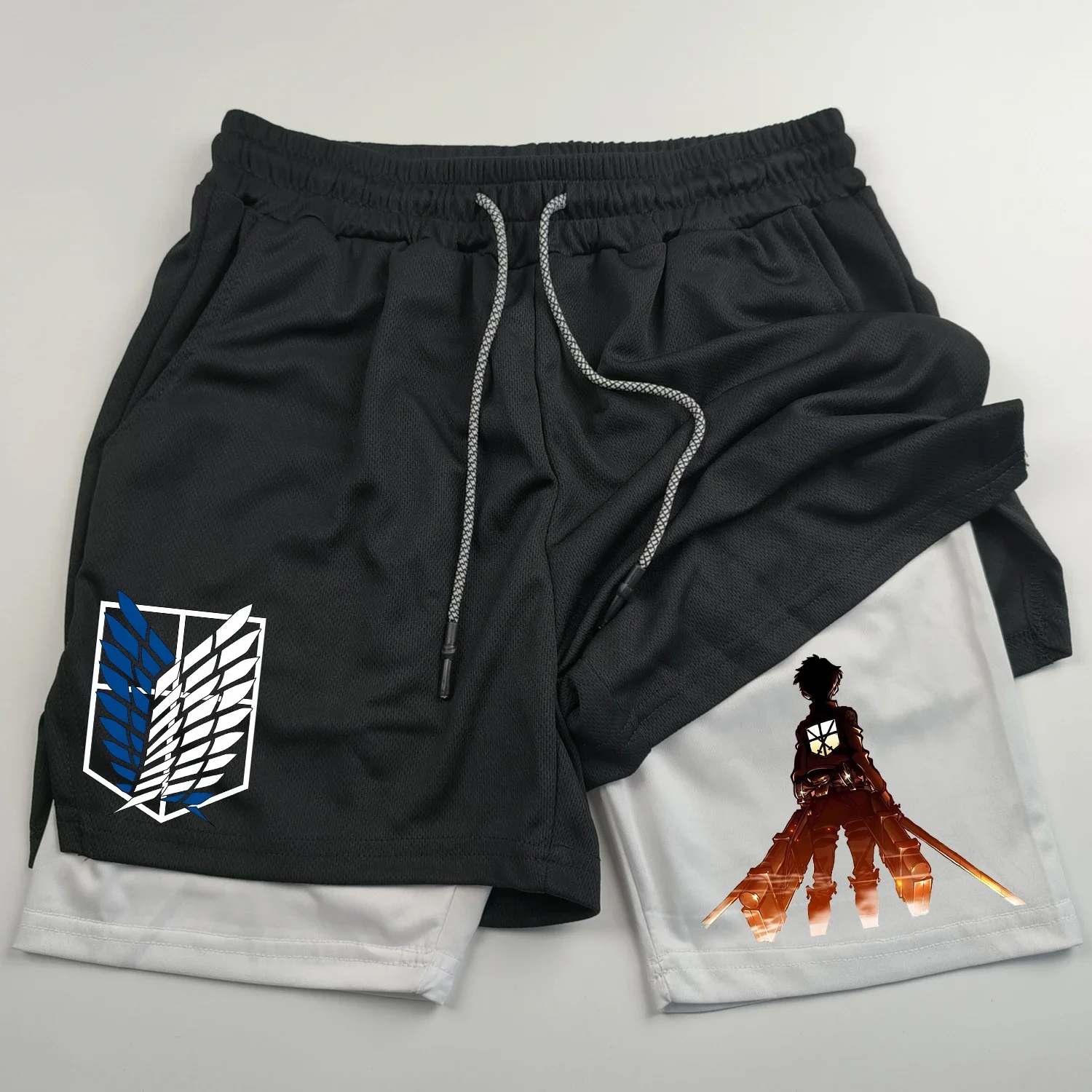 2-in-1 sports shorts anime Attack on Titan men\'s shorts quick drying breathable sports fitness shorts outdoor running gym short