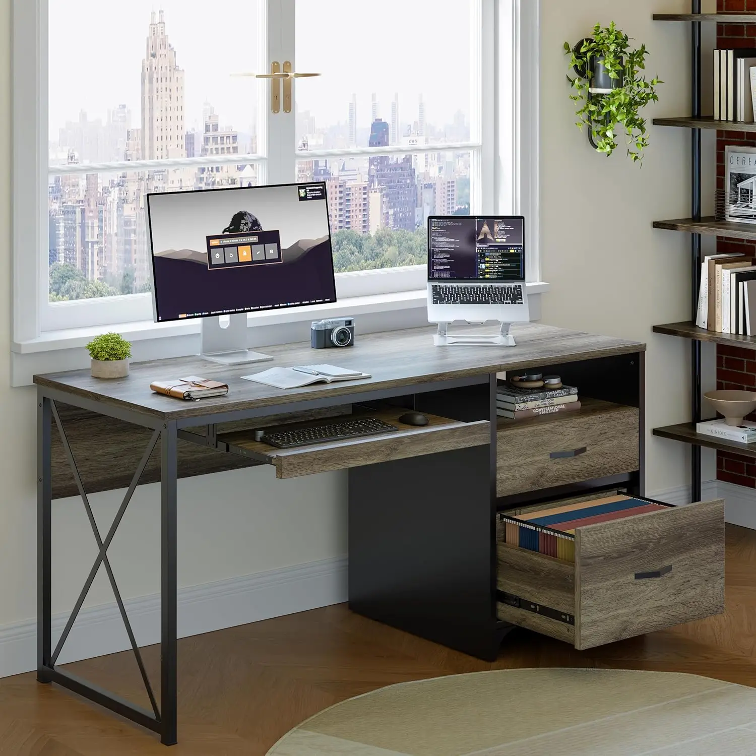 Bestier Office Desk With Drawers, 55 Inch Industrial Computer Desk With Storage, Wood Teacher Desk With Keyboard Tray & File