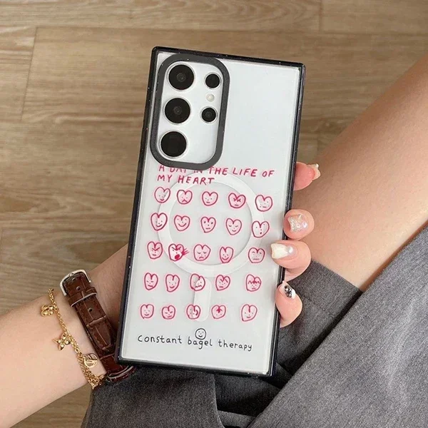 Heart Graffiti Acrylic Black Border Protective Case for Samsung Galaxy S22U S23U S24 Ultra Shell with MagSafe