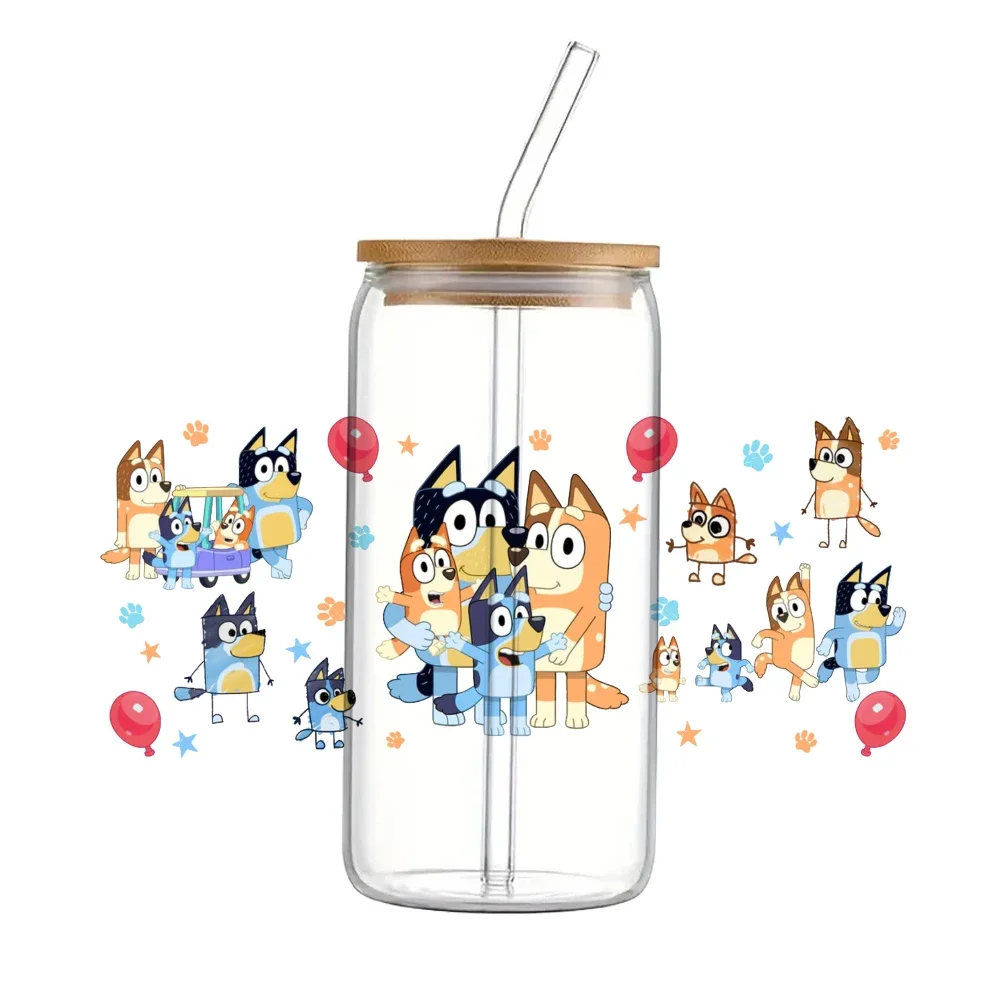 Cartoon Blue Dog für 16 Unzen Dose Glas 3d wasserdicht UV Dtf Kaffee kann Libbey Glas Wrap Weihnachts dekoration wickeln