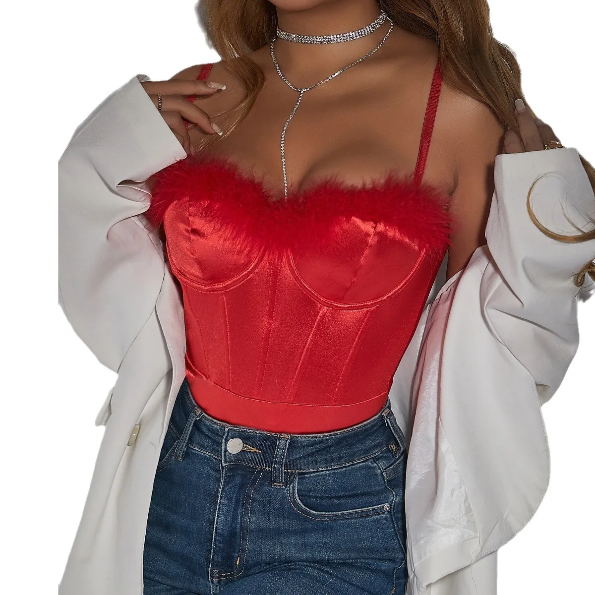 Sexy Lace Feather Festival Party Women Jumpsuits Tops Bustier Brassiere Underwired Bra Tight Fitting Corset Slim Fit Top Red