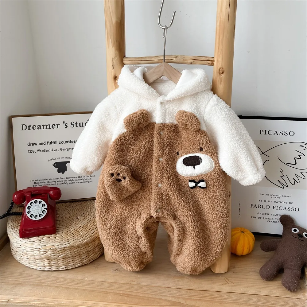 Korean autumn winter baby boys jumpsuit spliced bear hooded velvet warm thickened infant boys rompers newborn boys bodysuit