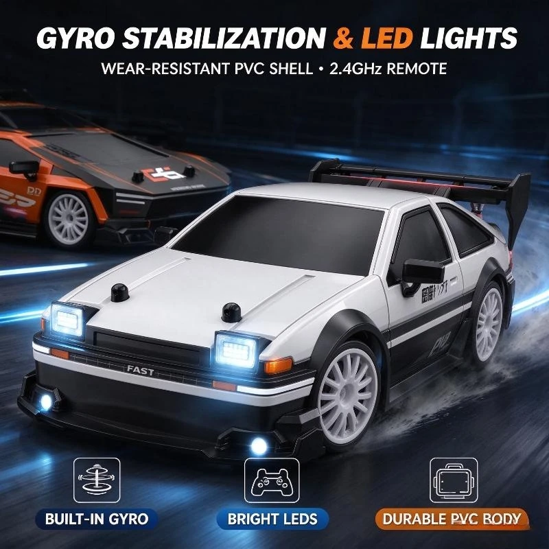 1/24 4Wd Rc Drift Vehicle,2.4Ghz Wireless Remote,Gyro Stabilization Led Light Pvc Shell For Indoor Floor Racing