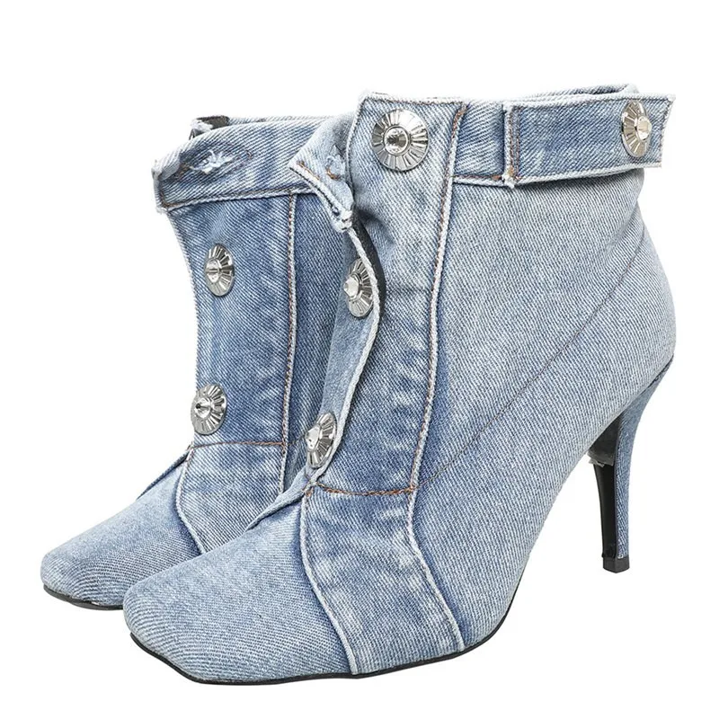 

Fashion Button Square Toe Short Boots Thin High Heels Autumn Winter Blue Denim Women's Shoes Big Size