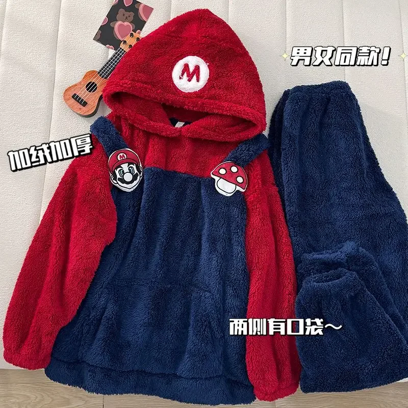

Super Mario Bros coral velvet couple pajamas winter plus velvet thickened hooded cartoon Mario men and women home wear set