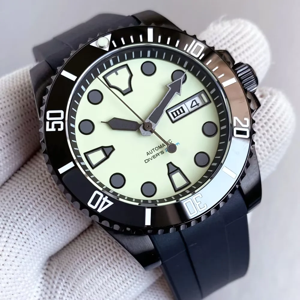 Tandorio Business Black PVD Water Ghost Diver Men Watch Full Green Lume Dial Automatic NH36A Date Week Mechanical Men Watches