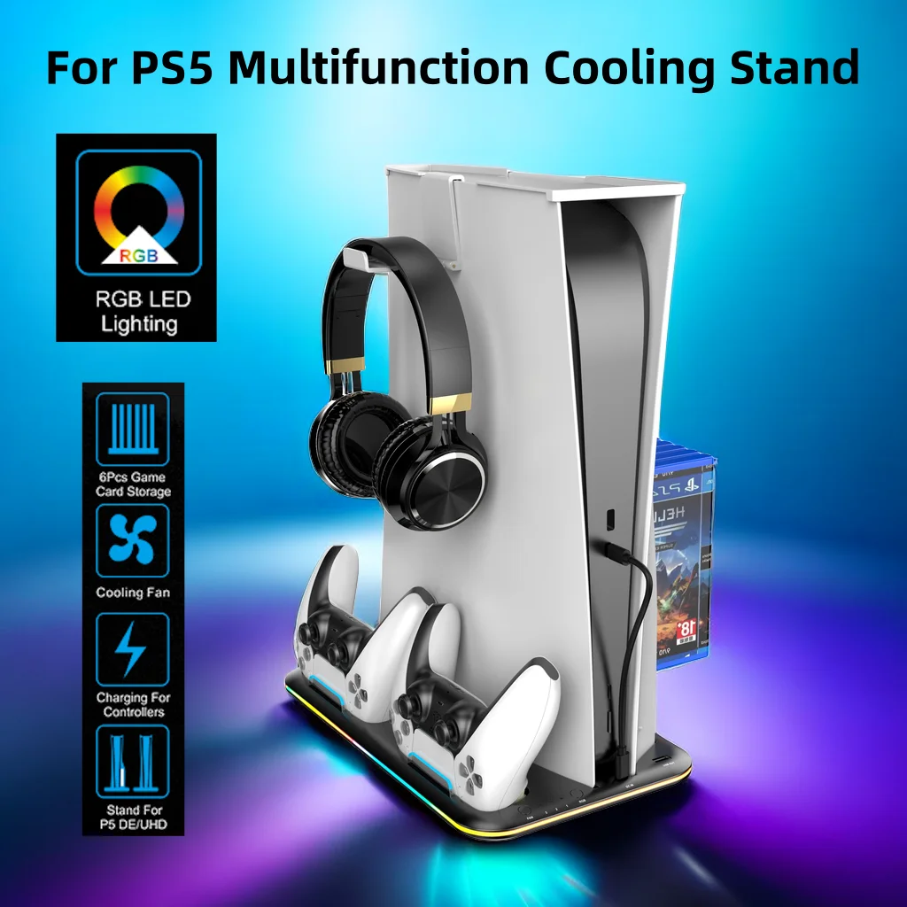 Cooling Station With RGB Light Stand With Cooling Fan For PS5 Disc and Digital Edition, Dual Controllers Charger Station For Pla