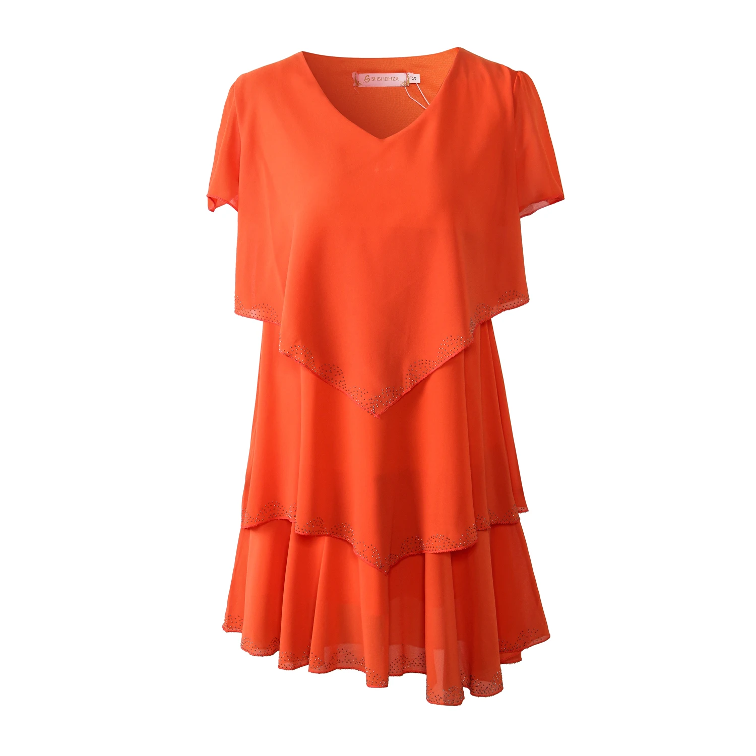 Sommer Damen Chiffon-Kleid mit Kaskadenrüschen und Diamanten-Verzierung Kurze Ärmel Partykleider