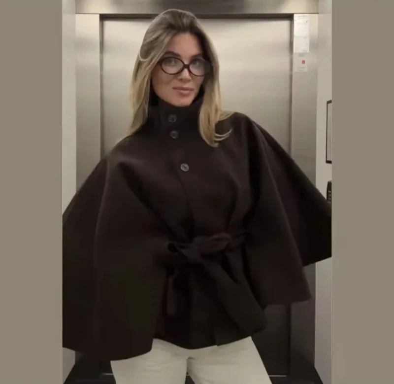 معاطف كيب قصيرة للنساء معاطف خليط الحزام للخريف والشتاء معاطف صلبة أنيقة عباءة سترة للسيدات #5