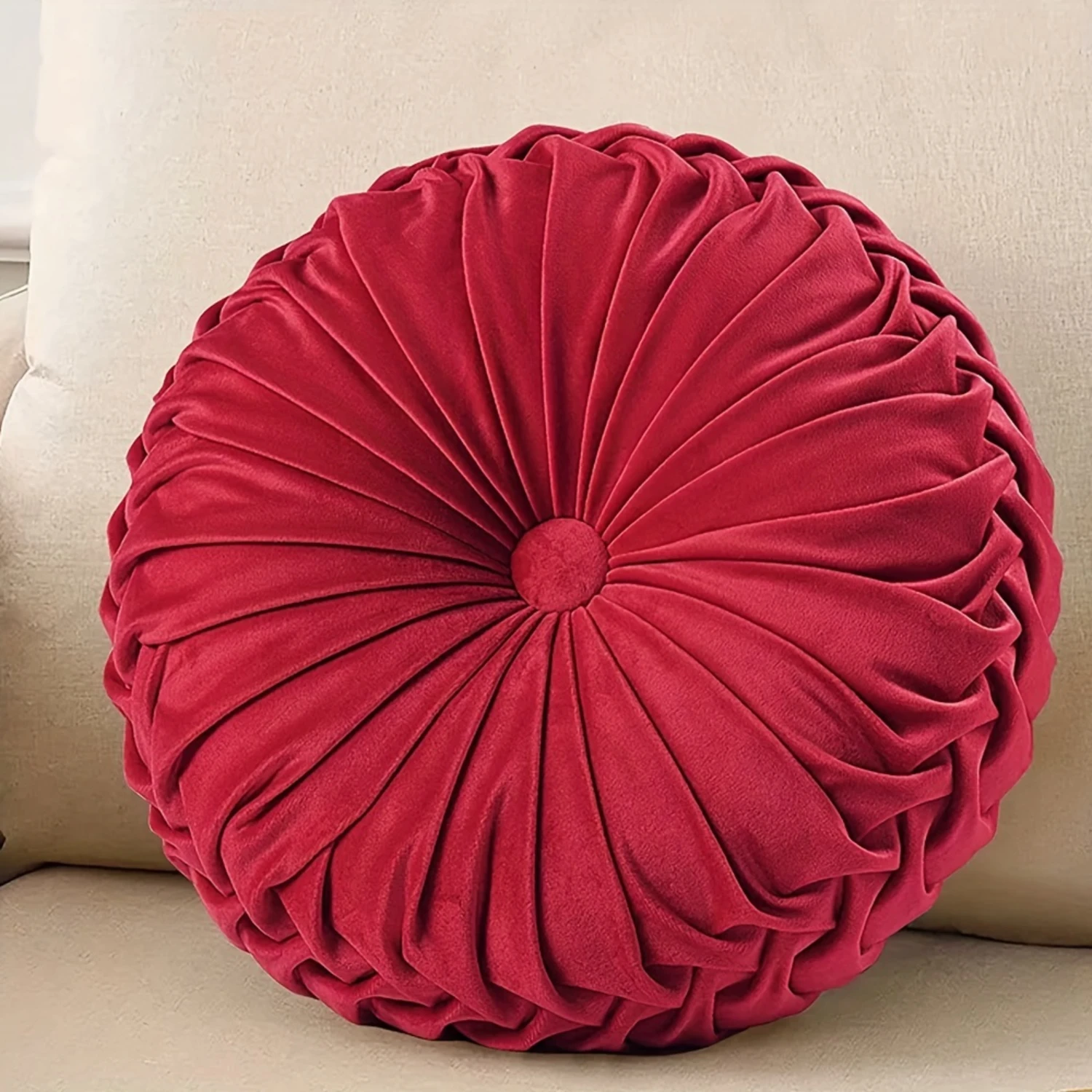 Velvet Pleated Round Pumpkin Throw Pillow - Decorative Floor Cushion for Sofa, Chair, Bed, Car