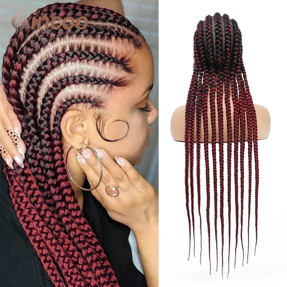 Parrucche intrecciate in pizzo pieno sintetico da 36 pollici parrucche intrecciate senza nodi Jumbo per le donne Blace Black Mix parrucche con perline bordeaux Ombre Hair