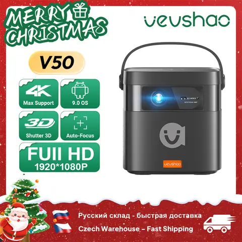 VEVSHAO V50 Portable Projector 4K 3D WiFi Full HD1080P Built-in 2 x 10W Speakers Home Theater Projectors With15000mAh Battery