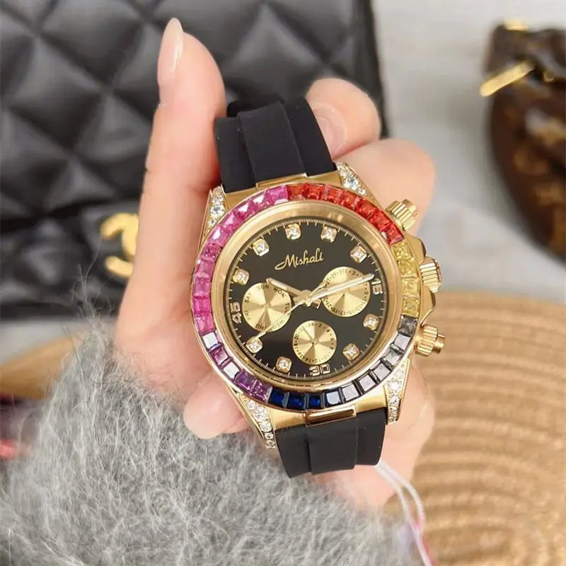 Zegarek kwarcowy z dużą tarczą, kolorową ramką z diamentami, sportowy, wielofunkcyjny, z silikonowym i skórzanym paskiem, wysokiej jakości zegarek damski.