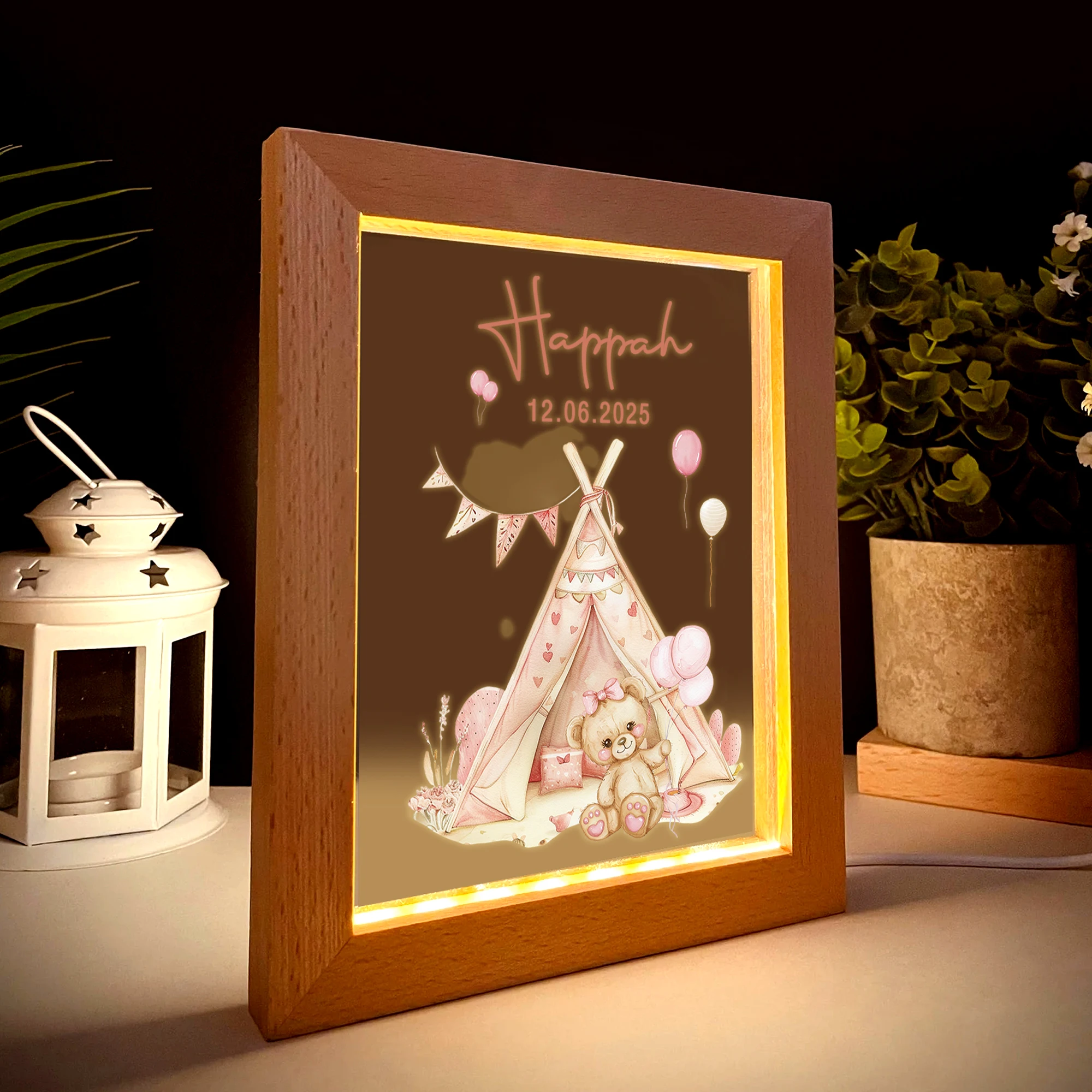 2D شقة مخصصة اسم الكرتون خيمة الدب LED الاكريليك ليلة ضوء الخشب إطار صور 21x17 سنتيمتر غرفة نوم الطفل هدايا ديكور المنزل