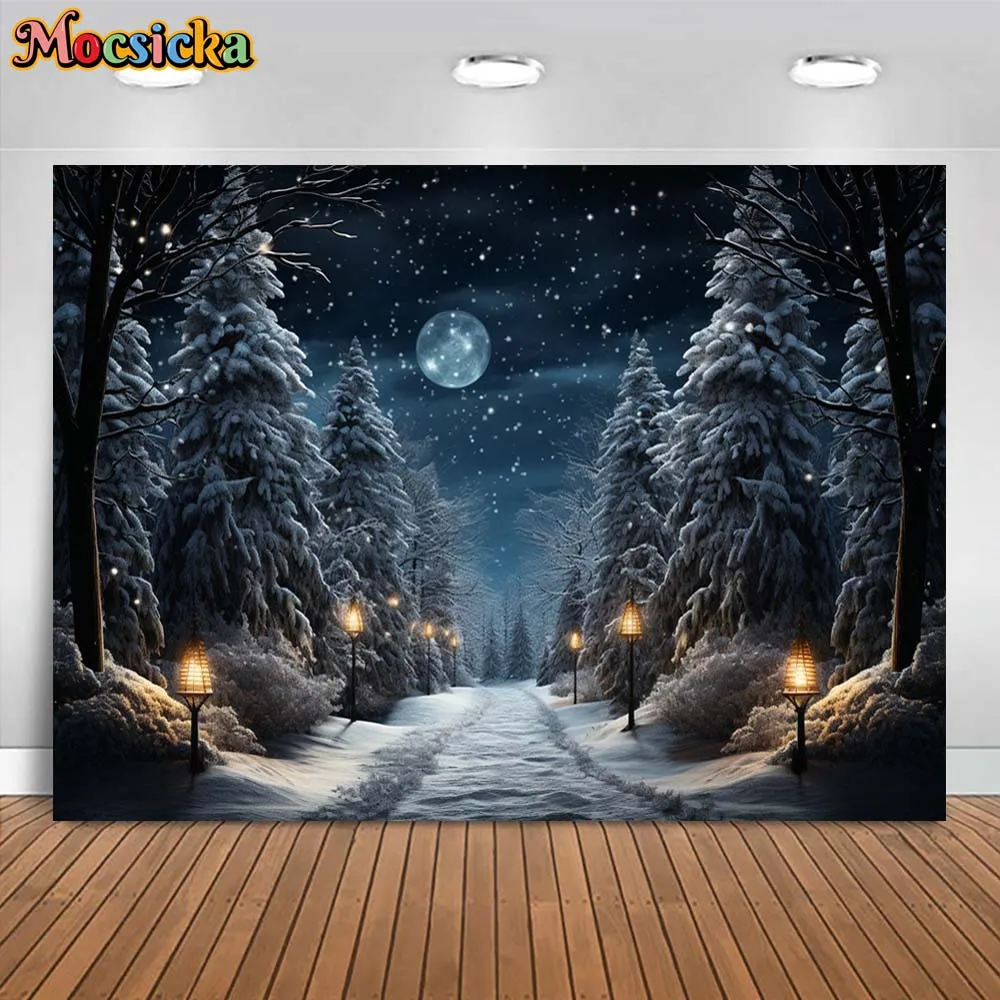 Mocsicka Winter Forest Backdrop for Photography Night Star Full Moon Snow Road Light Pine Tree Outdoor Portrait Photo Background