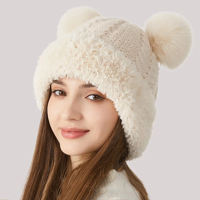 Cute Double Fur Balls Knitted Hat Women Winter Plush Thickened Ear Protection Woolen Beanies Korean Girls Plush Edge Bear Bonnet