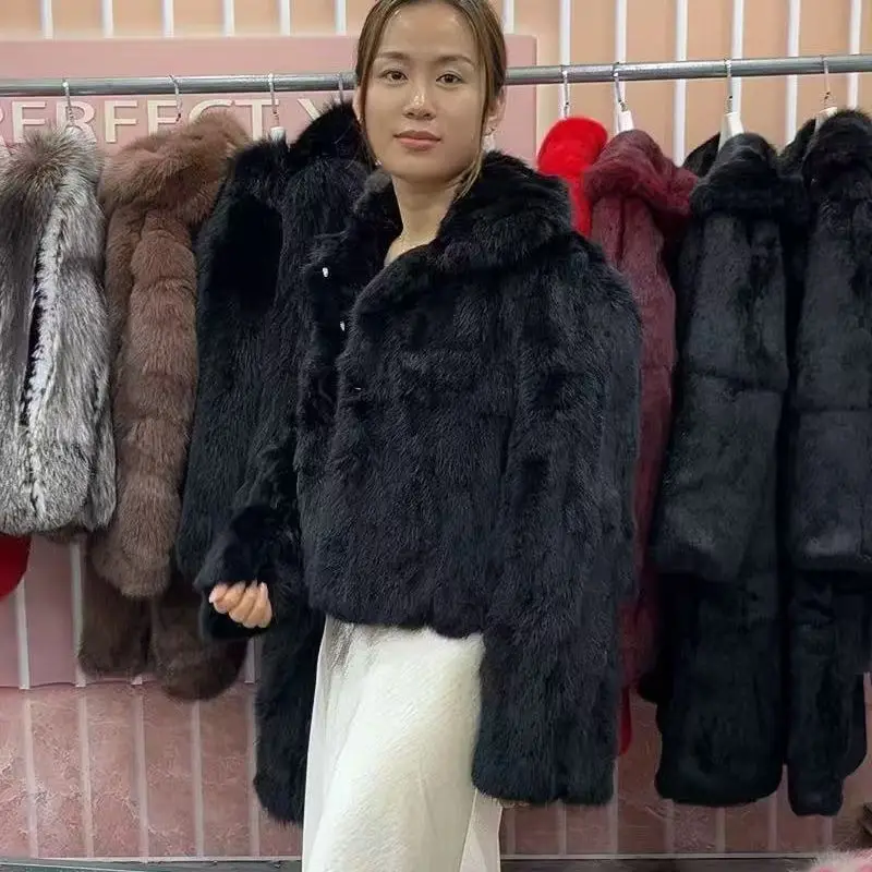 新スタイル レディース 冬用 暖かい ソフト 高品質 本物のレックスラビットコート レックスラビットファー ショートジャケット 大きな本物のフォックスファー襟付きオーバーコート Wh108