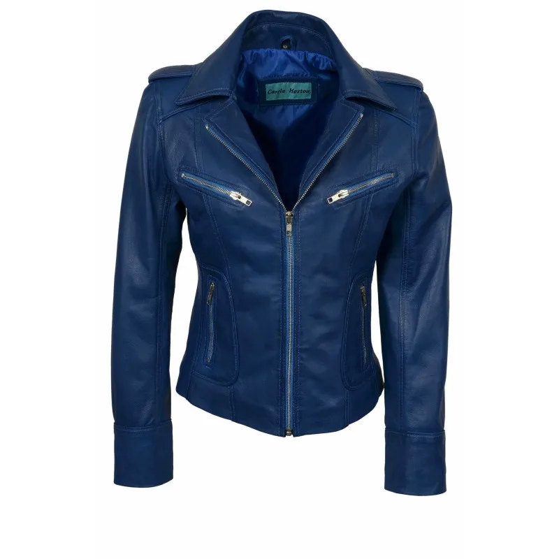 

NEW Stylish Women's Genuine Lambskin Real Biker Leather Jacket Blue Outdoor Coat