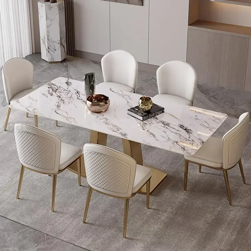 Rectangular Table Dining Room Sets Steel Base Kitchen Luxury Furniture Glossy Rock Board Tabletop Home Chairs 4 Chair Room