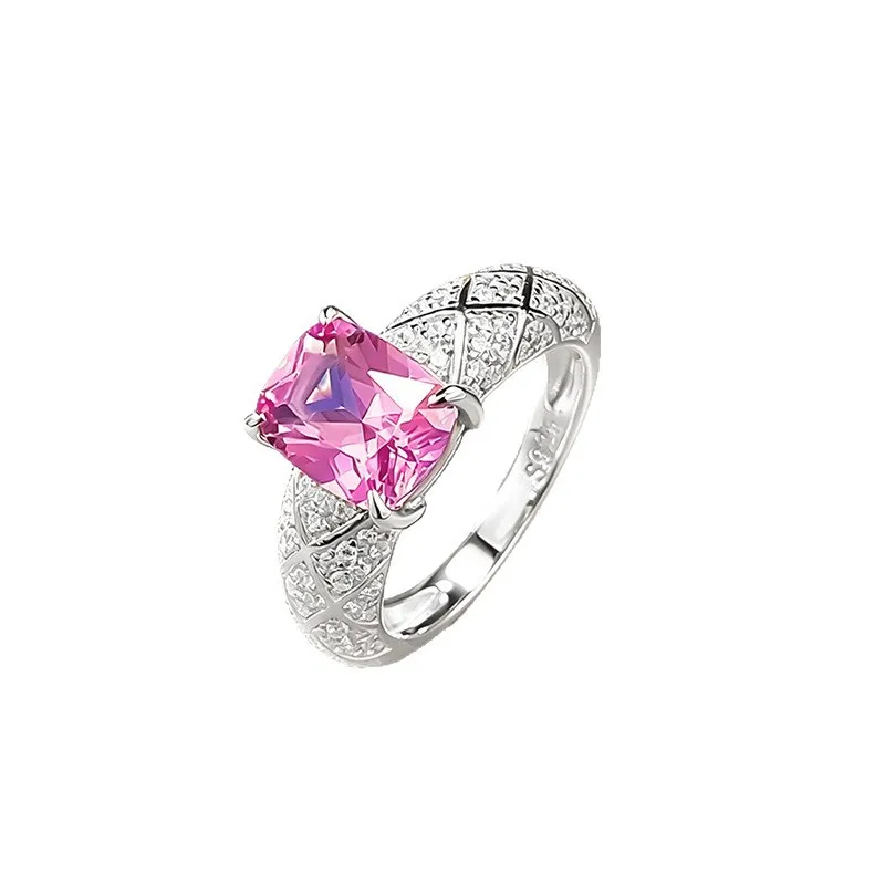 Xiaoyan 100% S925 Silver Cultivation Pink Blue Treasure Ring 7 * 9mm Fat Square Diamond Grid Anniversary Gift High Jewelry