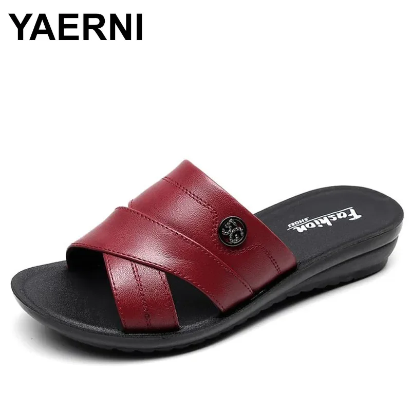 Women Summer Casual Slides Comfortable Slippers Flip Flops Platform Sandals Ladies Indoor Shoes Large Size Genuine Leather