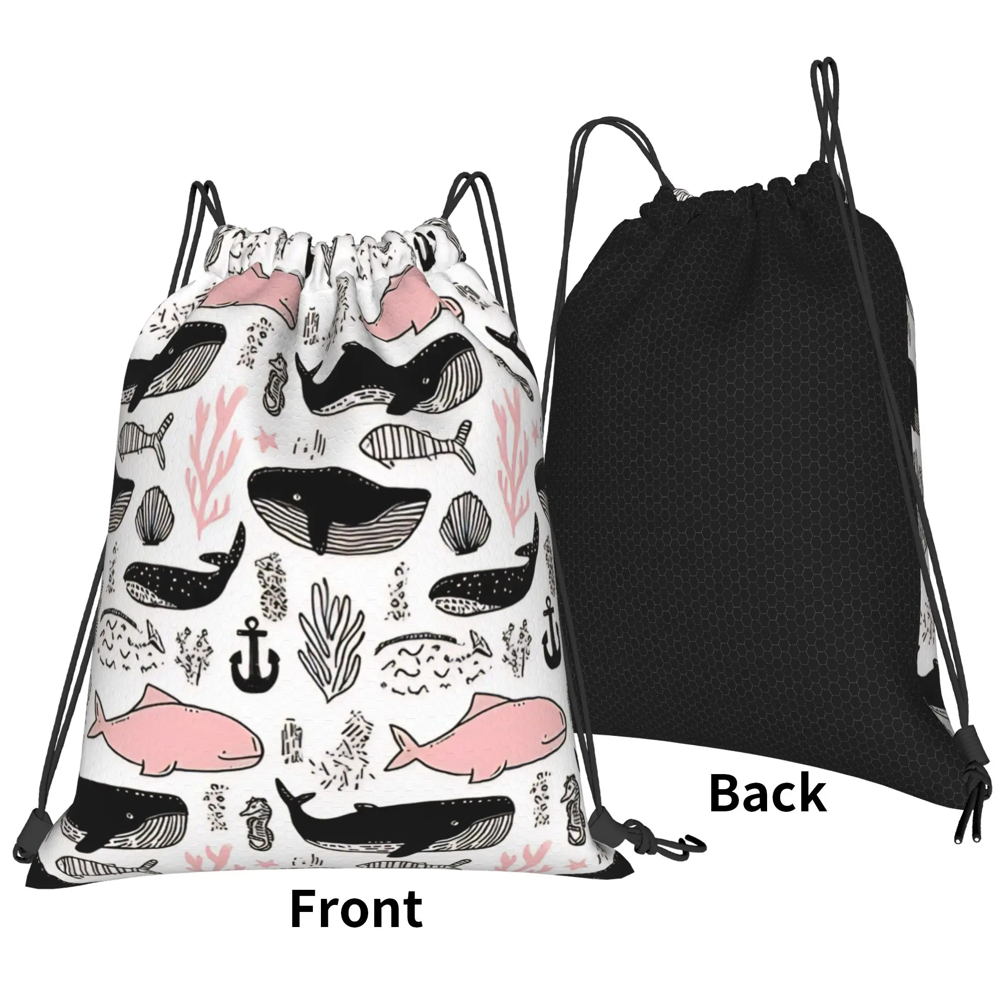 Pink Whales Black and White Portable Hiking Riding Gym Drawstring Storage Sporty Backpacks