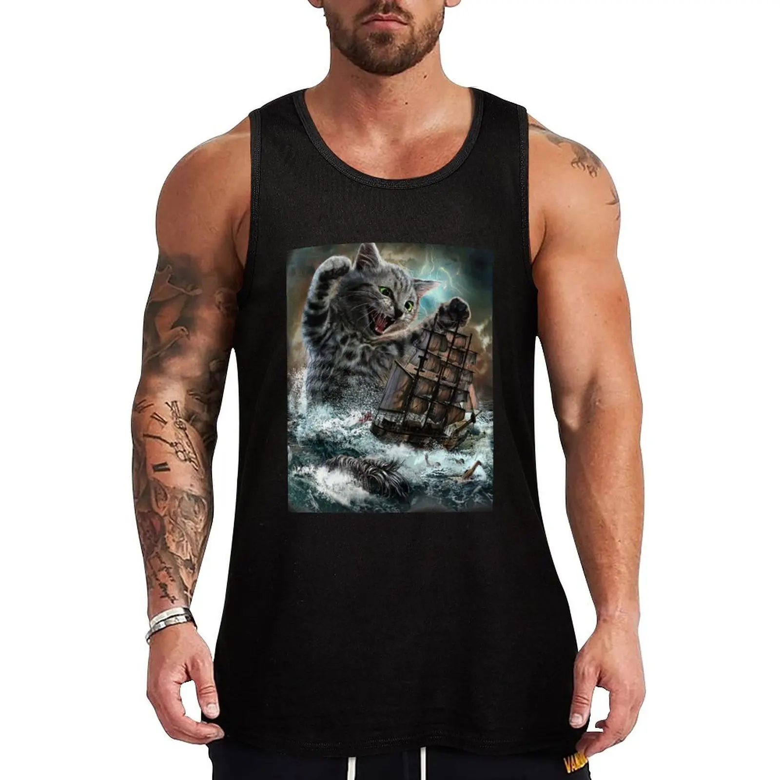 Monster Tabby Cat Ambush Battle Ship Tank Top Running Jogging Tank Top Moisture Wicking Dry Fit